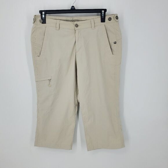 Eddie Bauer Sports Khaki Color Cropped Pants Size 14 W/ Adjustable Side Buttons - Picture 1 of 10